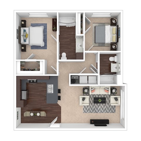 Floor plan for 2 beds, 2 baths, 1023 sqft